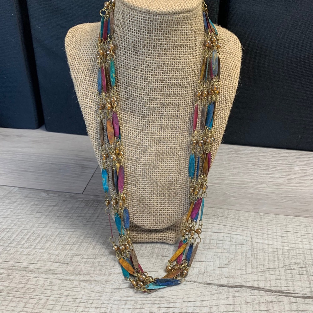 Boho Multi Strand Hand Painted Metal Leaf Necklace Gold Tone Beaded 26 Inch